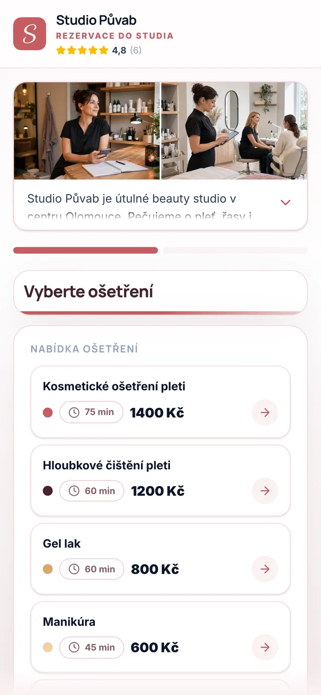 Rezervační stránka studia na telefonu